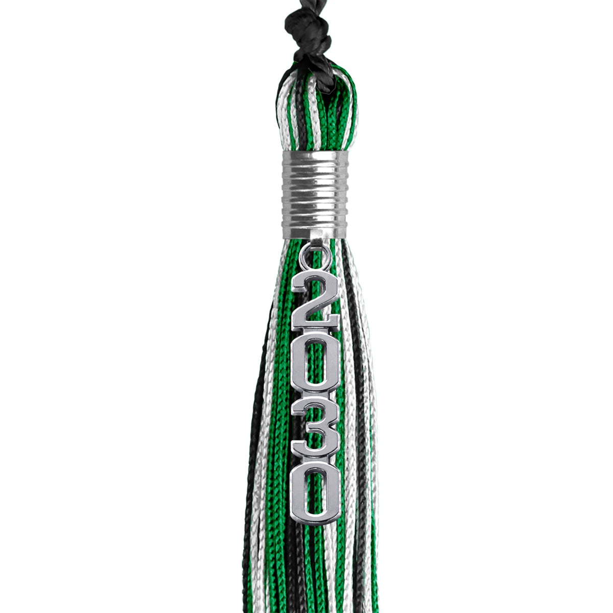 Black/Green/White Mixed Color Graduation Tassel with Silver Stacked Date Drop by Wholesale Grad Supply