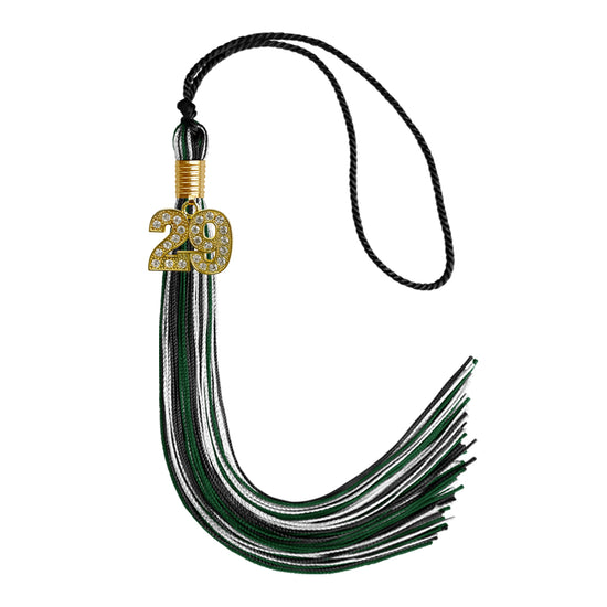 Black/Hunter Green/White Mixed Color Graduation Tassel with Gold Bling Charm by Wholesale Grad Supply