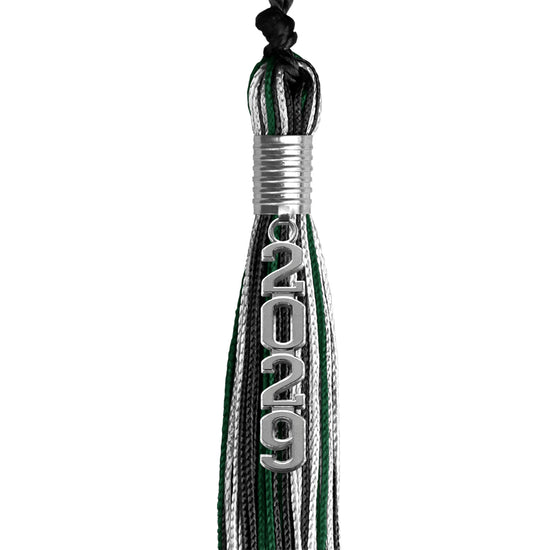 Black/Hunter Green/White Mixed Color Graduation Tassel with Silver Stacked Date Drop by Wholesale Grad Supply