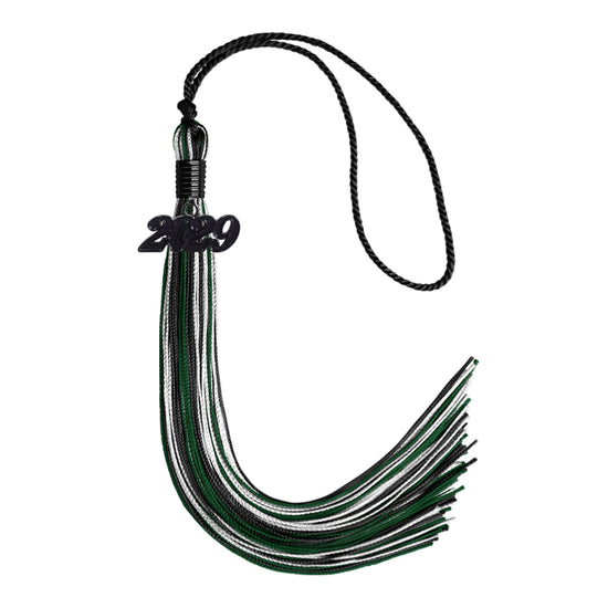 Black/Hunter Green/White Mixed Color Graduation Tassel with Black Bling Charm by Wholesale Grad Supply