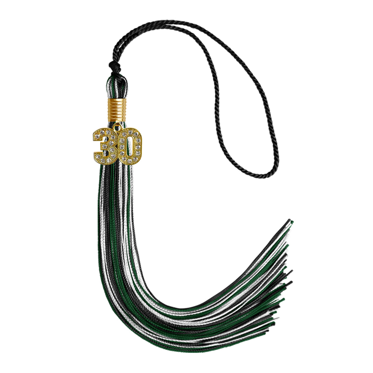 Black/Hunter Green/White Mixed Color Graduation Tassel with Gold Bling Charm by Wholesale Grad Supply