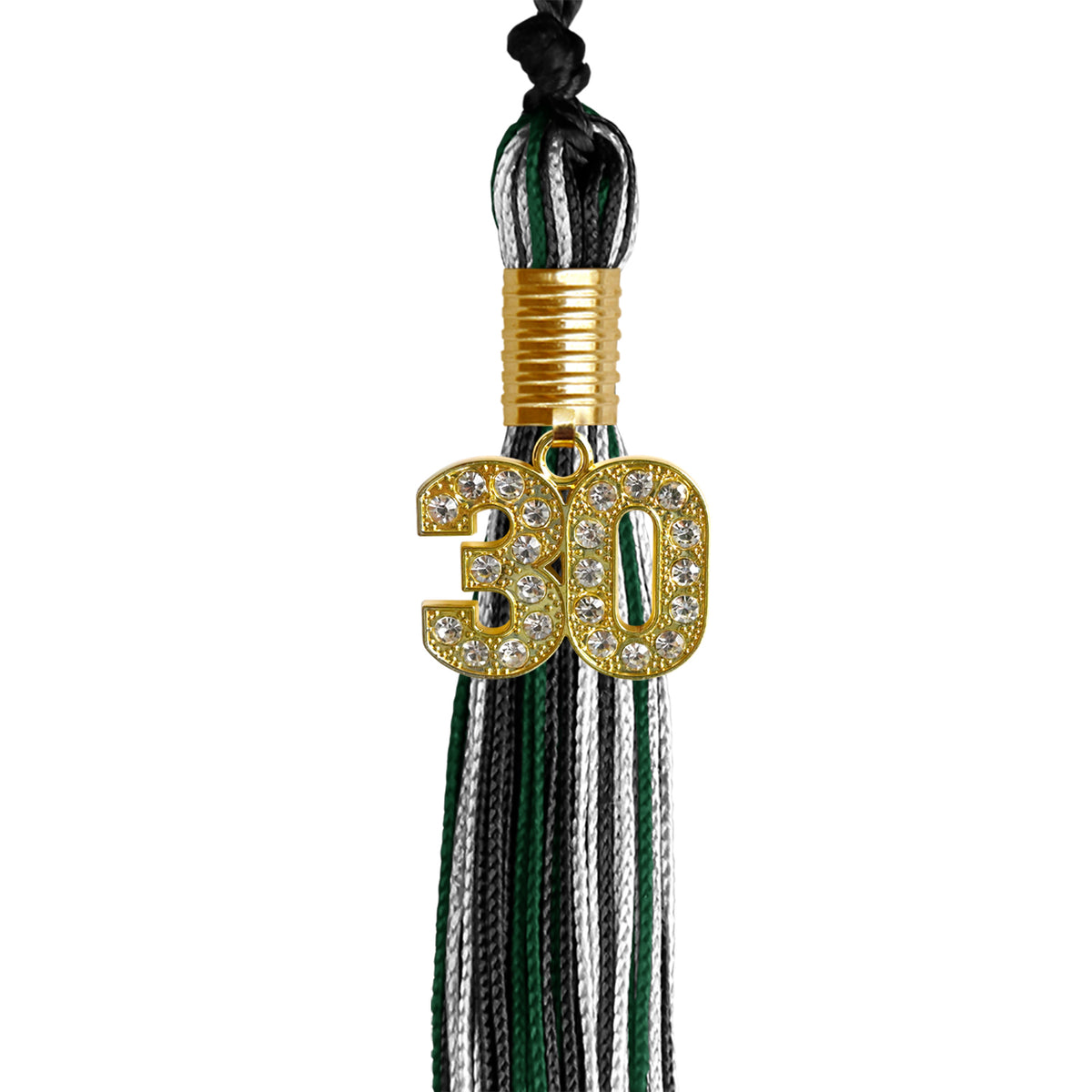 Black/Hunter Green/White Mixed Color Graduation Tassel with Gold Bling Charm by Wholesale Grad Supply