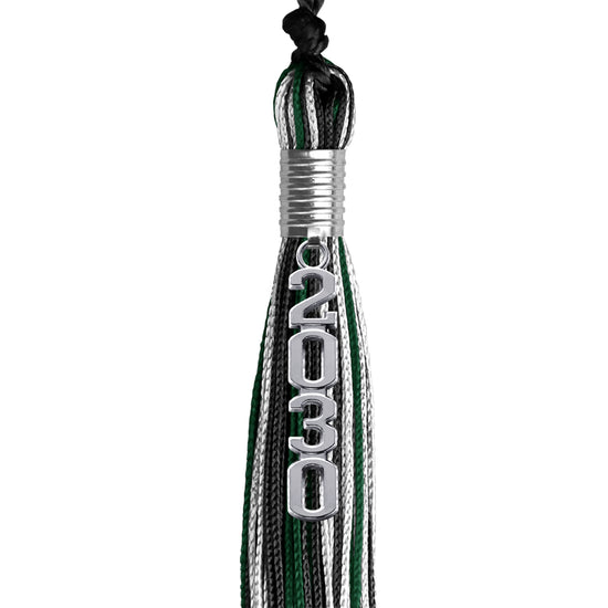Black/Hunter Green/White Mixed Color Graduation Tassel with Silver Stacked Date Drop by Wholesale Grad Supply