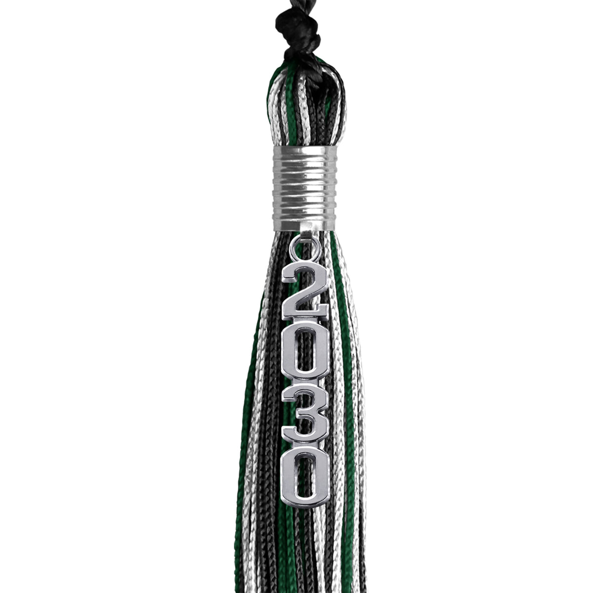Black/Hunter Green/White Mixed Color Graduation Tassel with Silver Stacked Date Drop by Wholesale Grad Supply