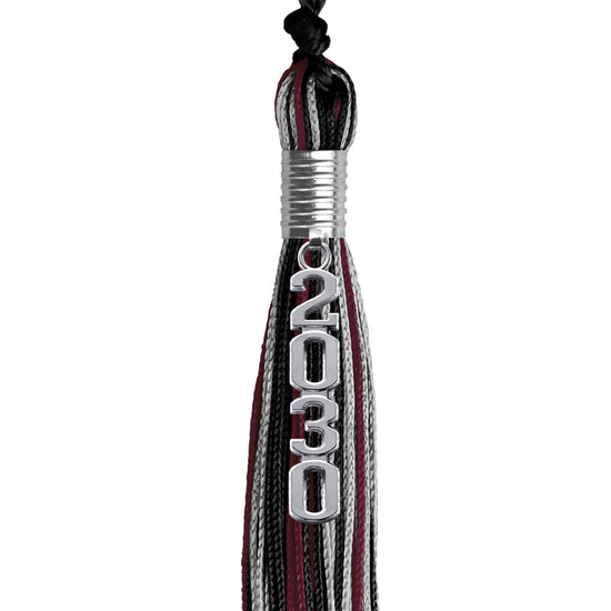 Black/Maroon/Silver Mixed Color Graduation Tassel with Silver Stacked Date Drop by Wholesale Grad Supply