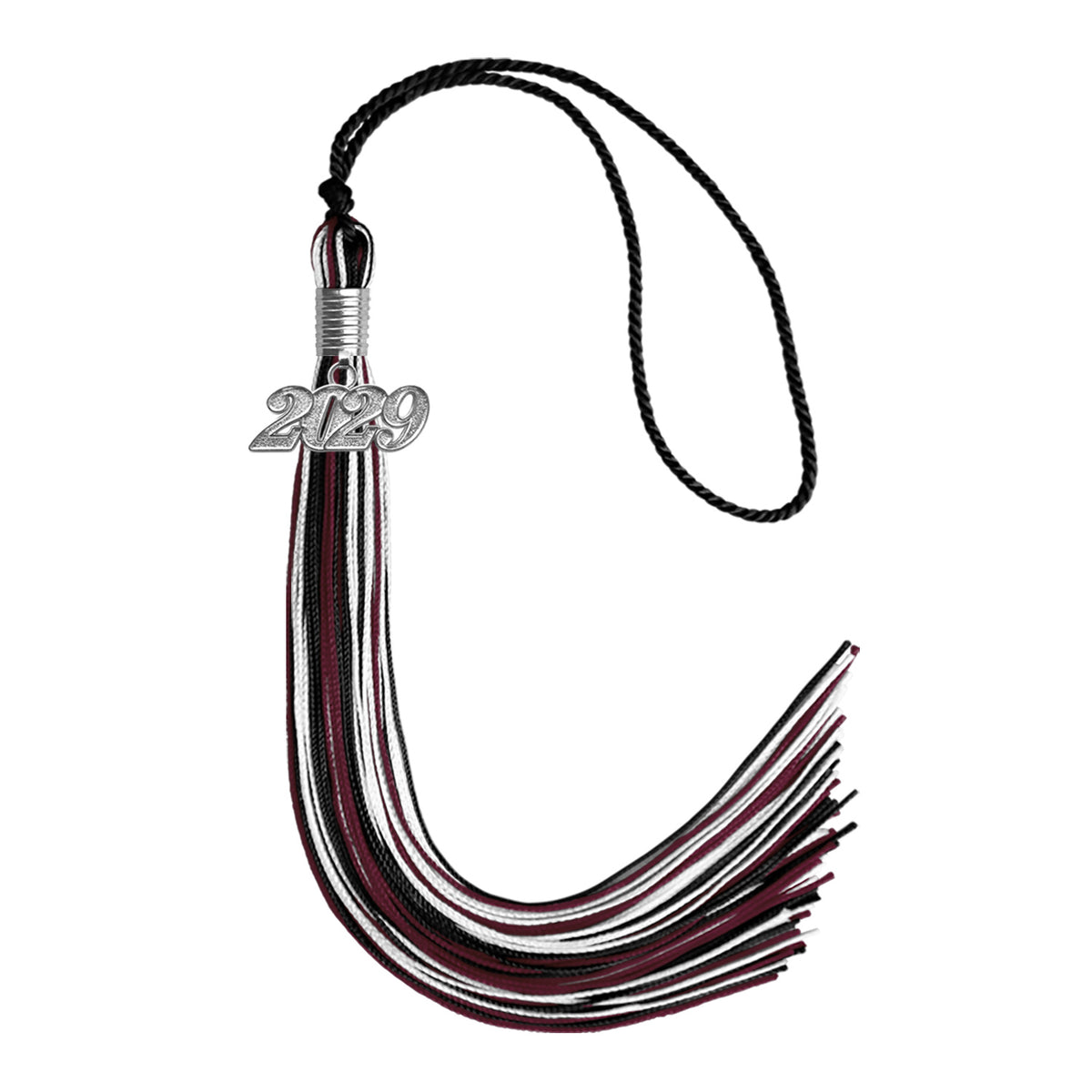 Black/Maroon/White Mixed Color Graduation Tassel with Silver Date Drop by Wholesale Grad Supply