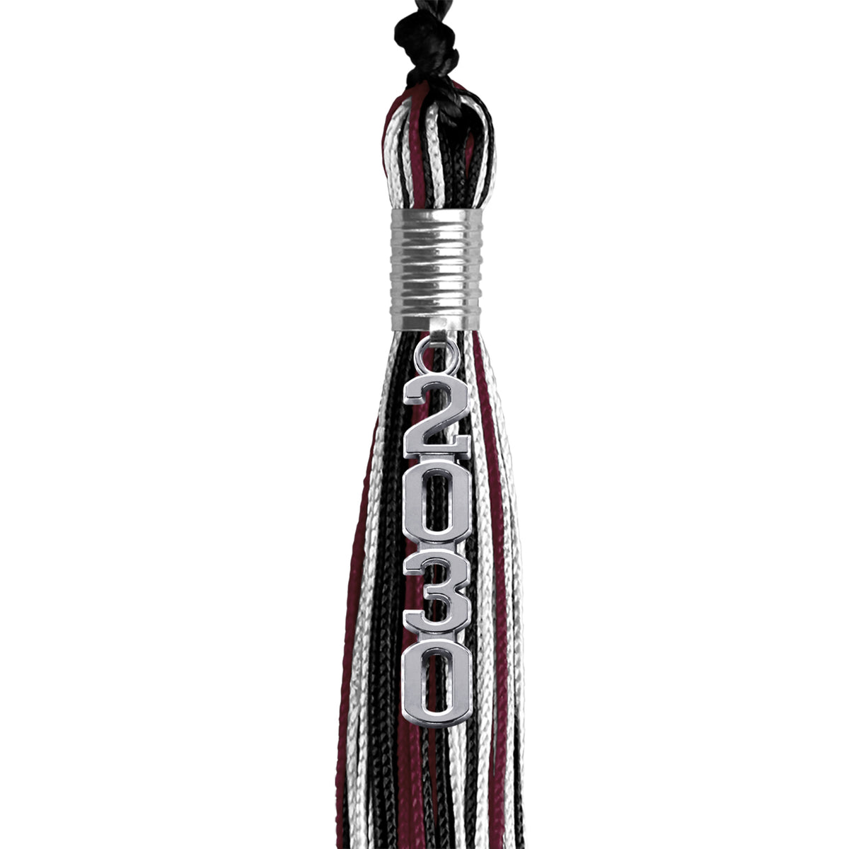 Black/Maroon/White Mixed Color Graduation Tassel with Silver Stacked Date Drop by Wholesale Grad Supply