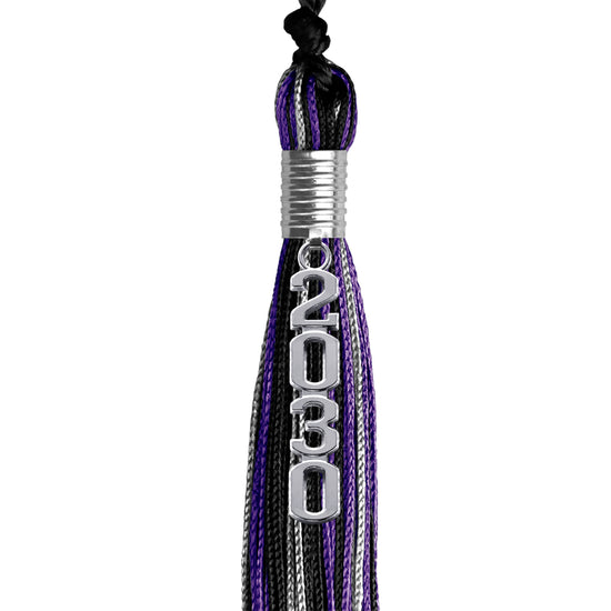 Black/Purple/Silver Mixed Color Graduation Tassel with Silver Stacked Date Drop by Wholesale Grad Supply