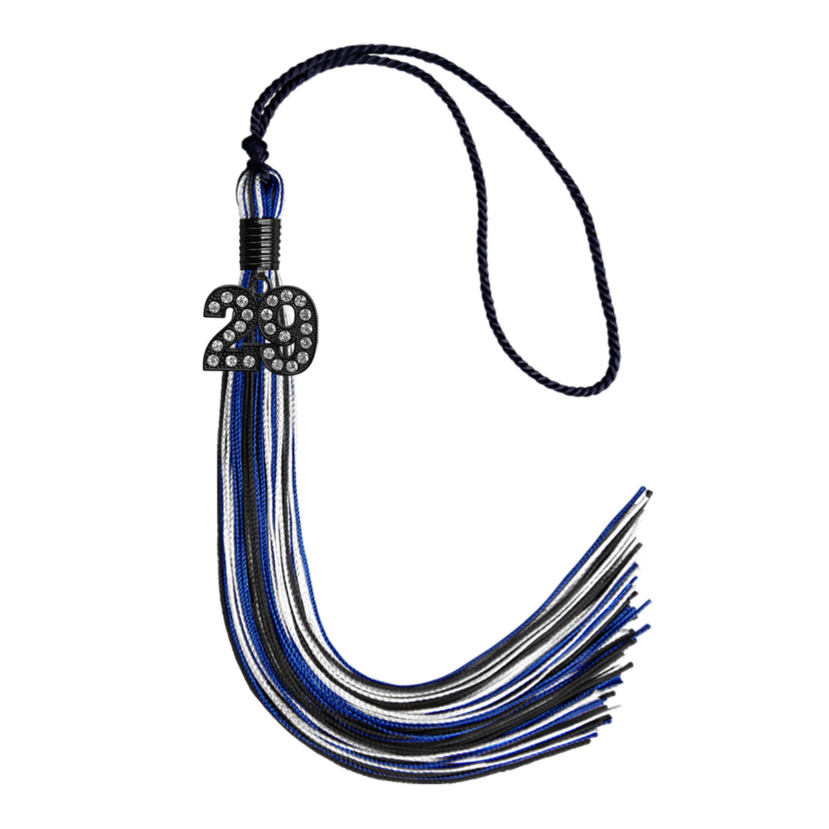 Black/Royal Blue/White Mixed Color Graduation Tassel with Black Bling Charm by Wholesale Grad Supply