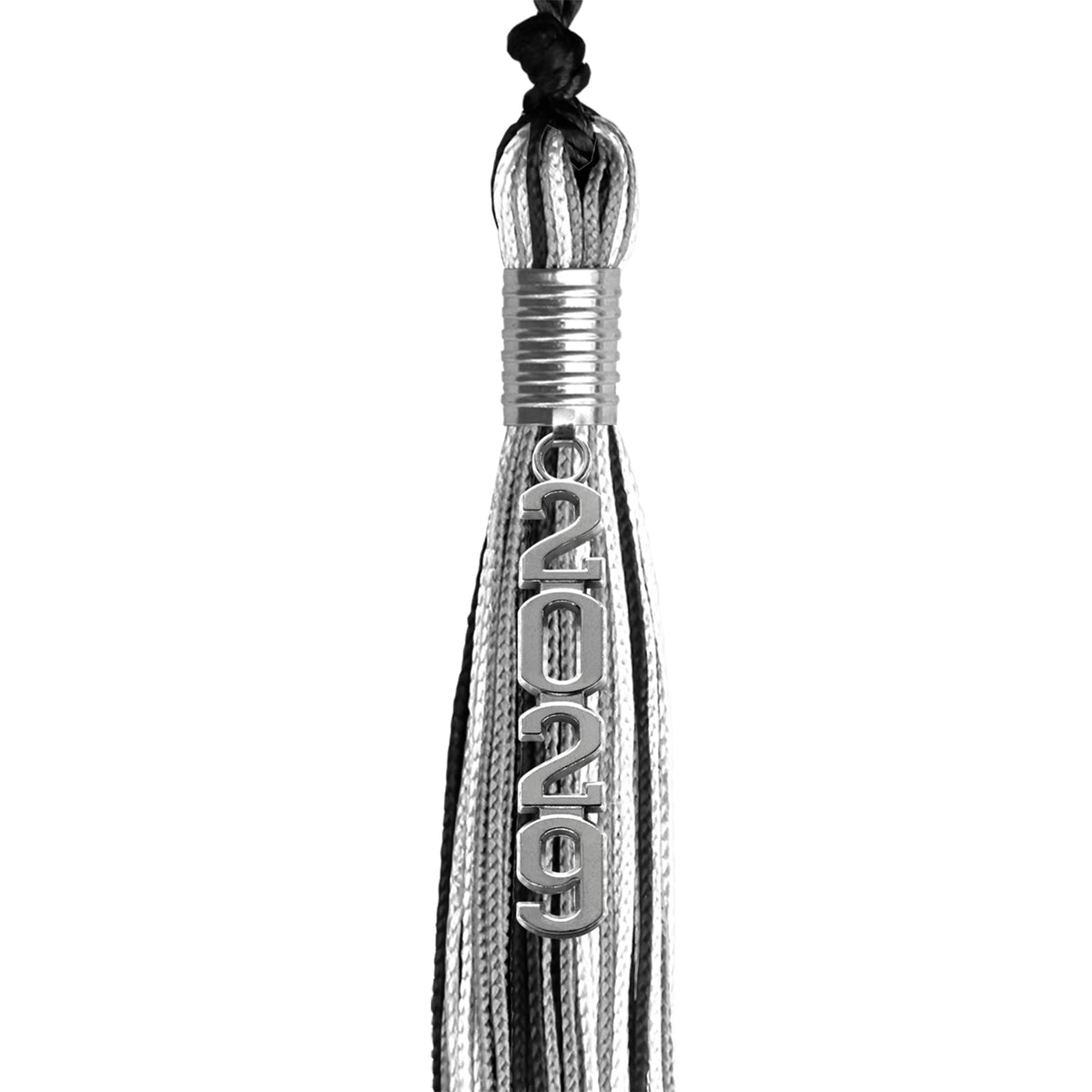 Black/Silver/White Mixed Color Graduation Tassel with Silver Stacked Date Drop by Wholesale Grad Supply