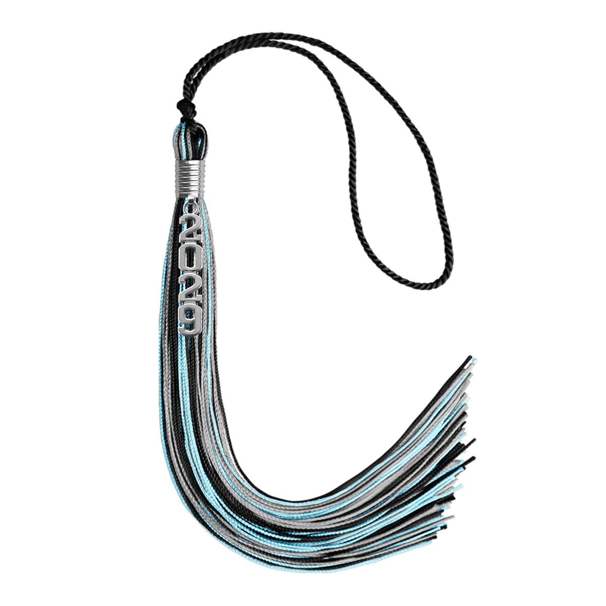 Black/Light Blue/Silver Mixed Color Graduation Tassel with Silver Stacked Date Drop by Wholesale Grad Supply