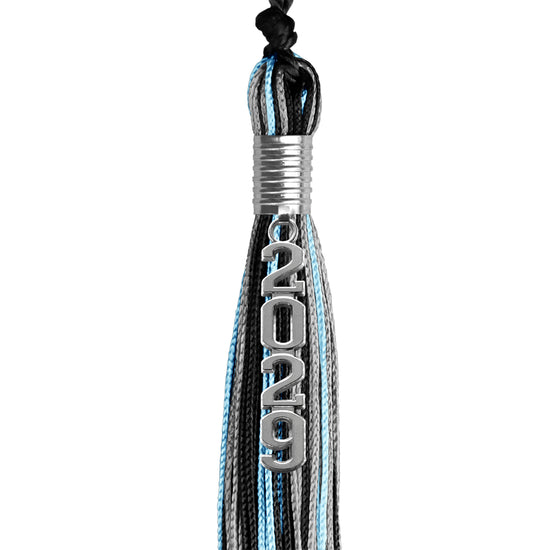 Black/Light Blue/Silver Mixed Color Graduation Tassel with Silver Stacked Date Drop by Wholesale Grad Supply