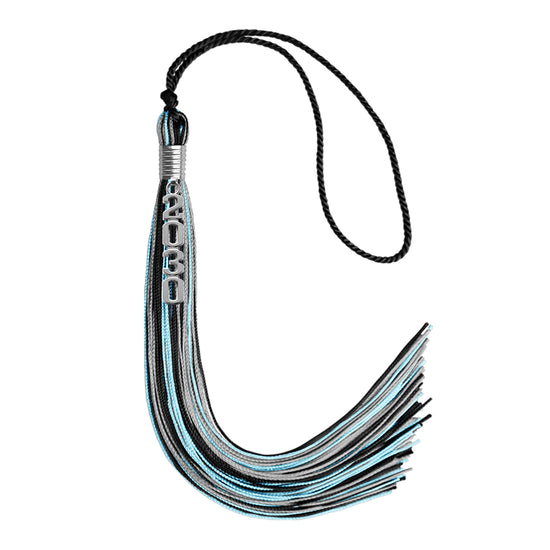Black/Light Blue/Silver Mixed Color Graduation Tassel with Silver Stacked Date Drop by Wholesale Grad Supply
