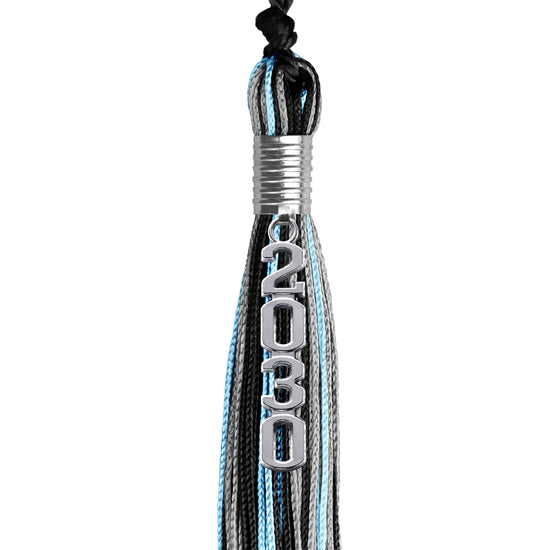 Black/Light Blue/Silver Mixed Color Graduation Tassel with Silver Stacked Date Drop by Wholesale Grad Supply