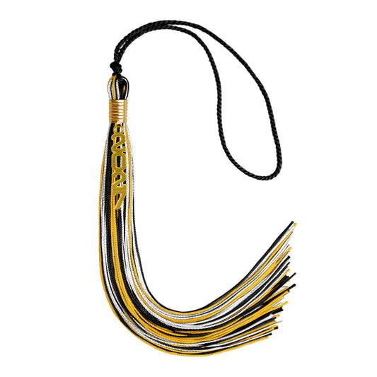 Black/Gold/White Mixed Color Graduation Tassel with Gold Stacked Date Drop by Wholesale Grad Supply