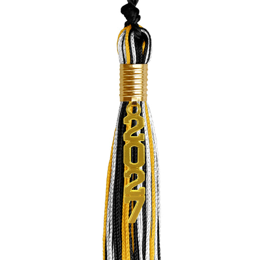 Black/Gold/White Mixed Color Graduation Tassel with Gold Stacked Date Drop by Wholesale Grad Supply