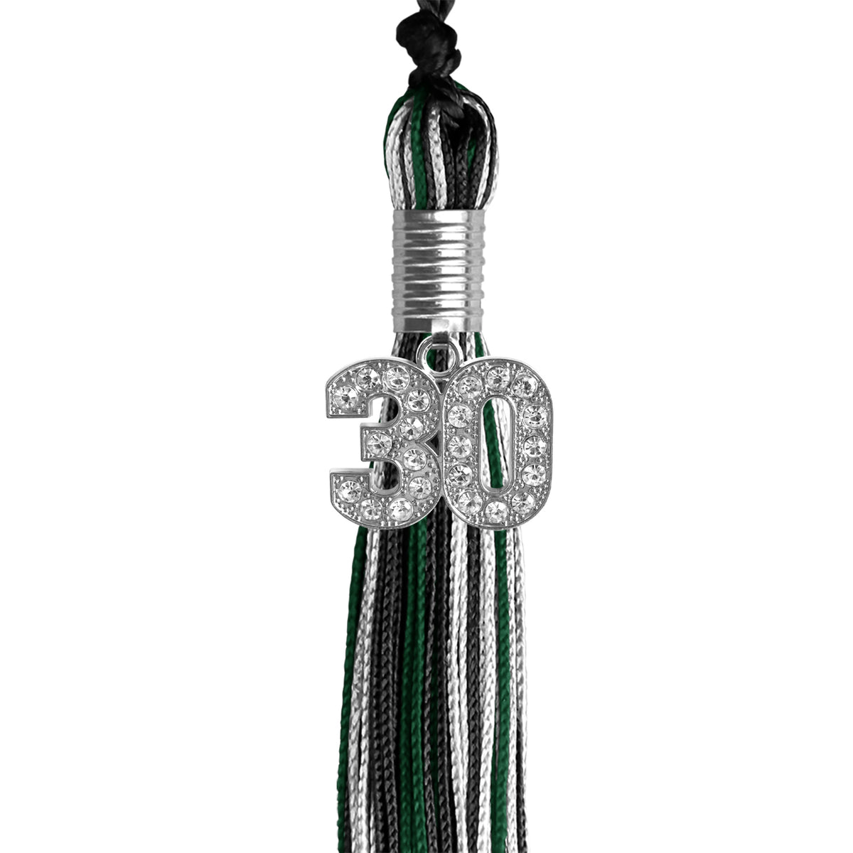 Black/Hunter Green/White Mixed Color Graduation Tassel with Silver Bling Charm by Wholesale Grad Supply