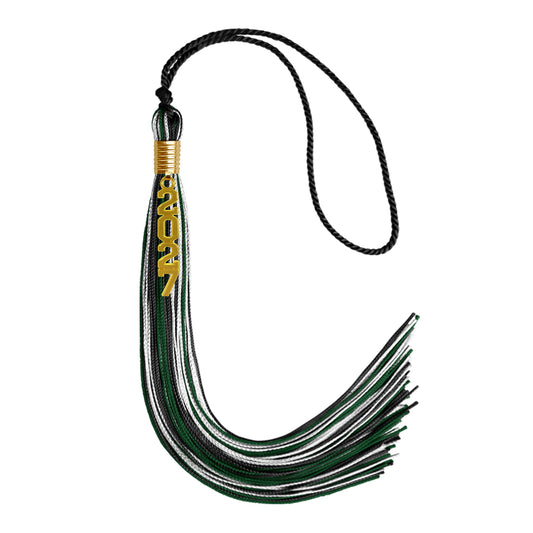 Black/Hunter Green/White Mixed Color Graduation Tassel with Gold Stacked Date Drop by Wholesale Grad Supply