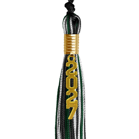 Black/Hunter Green/White Mixed Color Graduation Tassel with Gold Stacked Date Drop by Wholesale Grad Supply