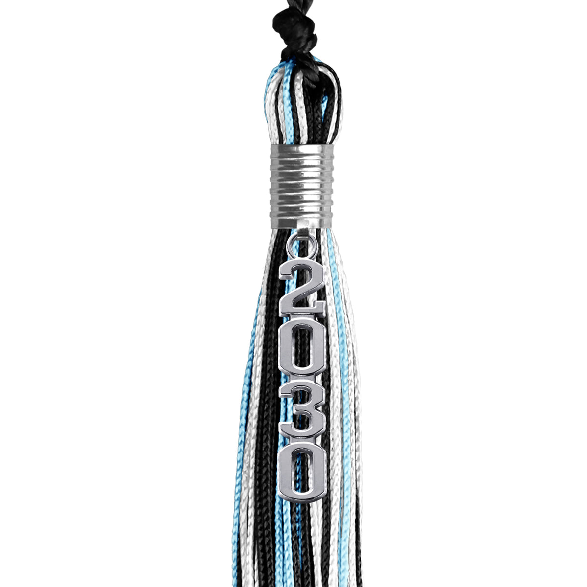 Black/Light Blue/White Mixed Color Graduation Tassel with Silver Stacked Date Drop by Wholesale Grad Supply