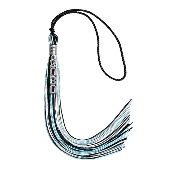 Black/Light Blue/White Mixed Color Graduation Tassel with Silver Stacked Date Drop by Wholesale Grad Supply