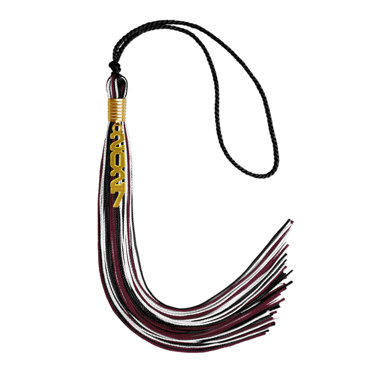 Black/Maroon/White Mixed Color Graduation Tassel with Gold Stacked Date Drop by Wholesale Grad Supply