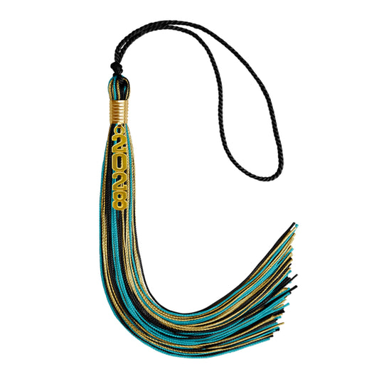 Black/Peacock/Antique Gold Mixed Color Graduation Tassel with Gold Stacked Date Drop by Wholesale Grad Supply
