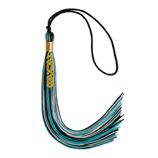 Black/Peacock/Silver Mixed Color Graduation Tassel with Gold Stacked Date Drop by Wholesale Grad Supply