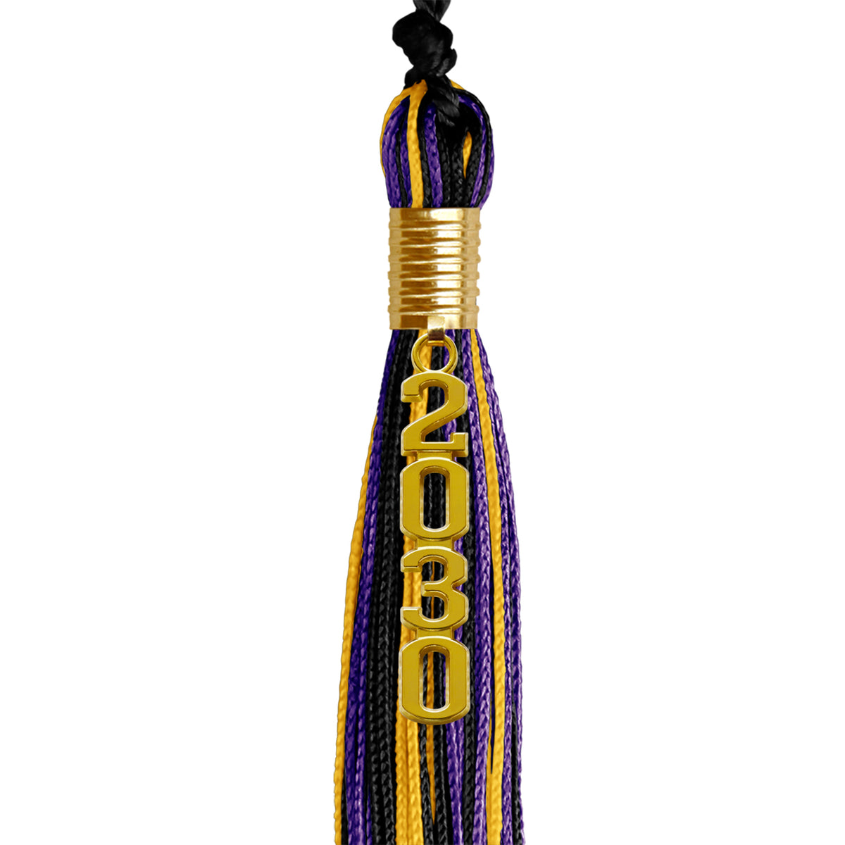 Black/Purple/Gold Mixed Color Graduation Tassel with Gold Stacked Date Drop by Wholesale Grad Supply