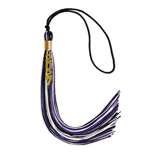 Black/Purple/White Mixed Color Graduation Tassel with Gold Stacked Date Drop by Wholesale Grad Supply