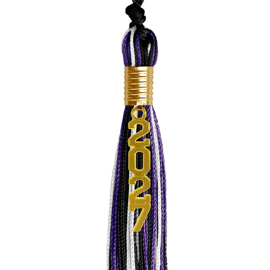 Black/Purple/White Mixed Color Graduation Tassel with Gold Stacked Date Drop by Wholesale Grad Supply