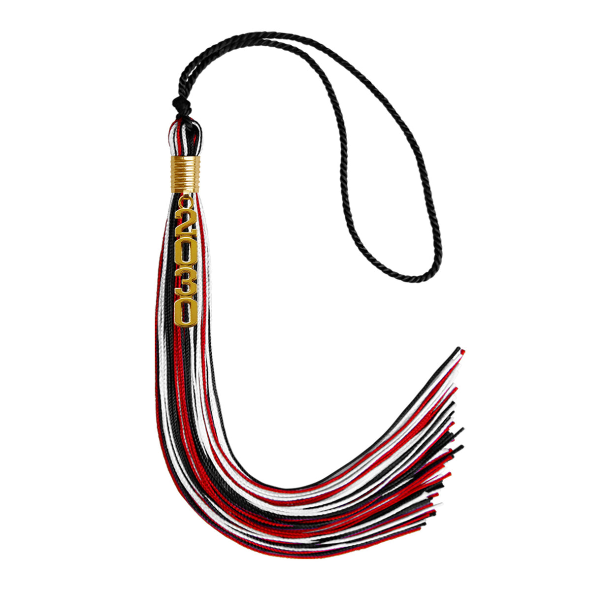 Black/Red/White Mixed Color Graduation Tassel with Gold Stacked Date Drop by Wholesale Grad Supply
