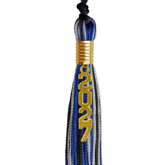 Black/Royal Blue/Silver Mixed Color Graduation Tassel with Gold Stacked Date Drop by Wholesale Grad Supply