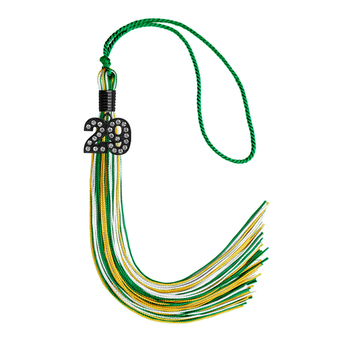 Green/Gold/White Mixed Color Graduation Tassel with Black Bling Charm by Wholesale Grad Supply