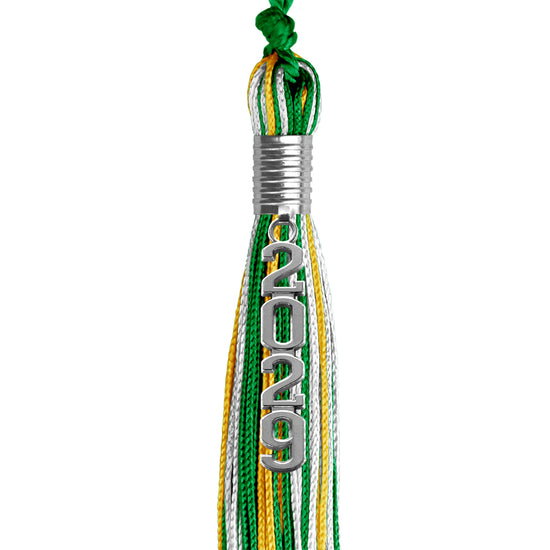 Green/Gold/White Mixed Color Graduation Tassel with Silver Stacked Date Drop by Wholesale Grad Supply