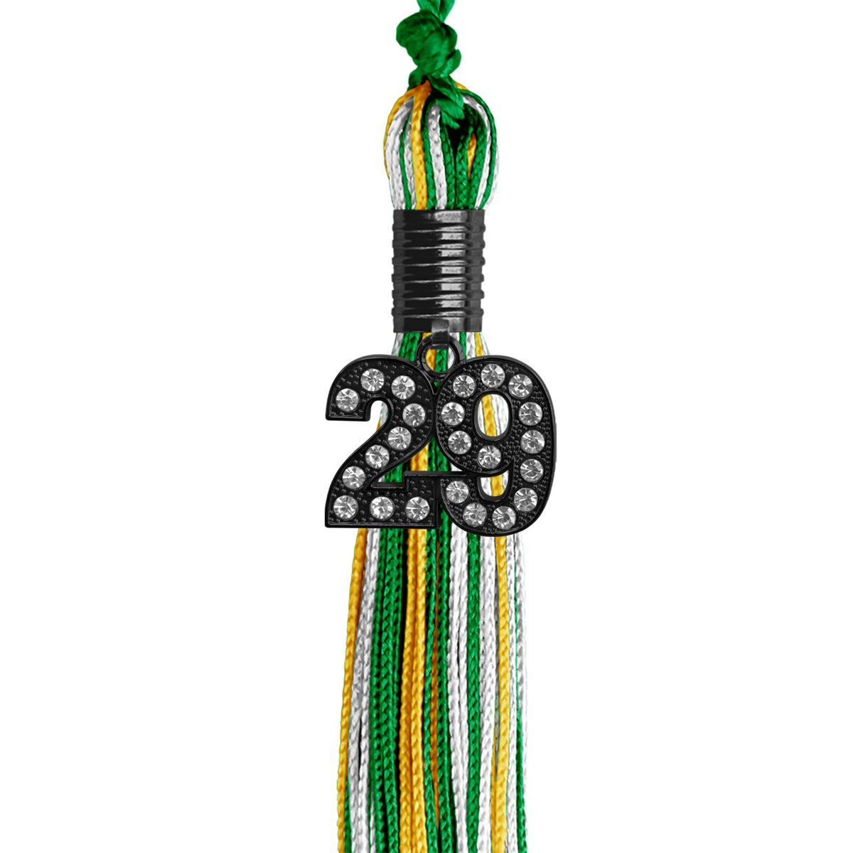 Green/Gold/White Mixed Color Graduation Tassel with Black Bling Charm by Wholesale Grad Supply
