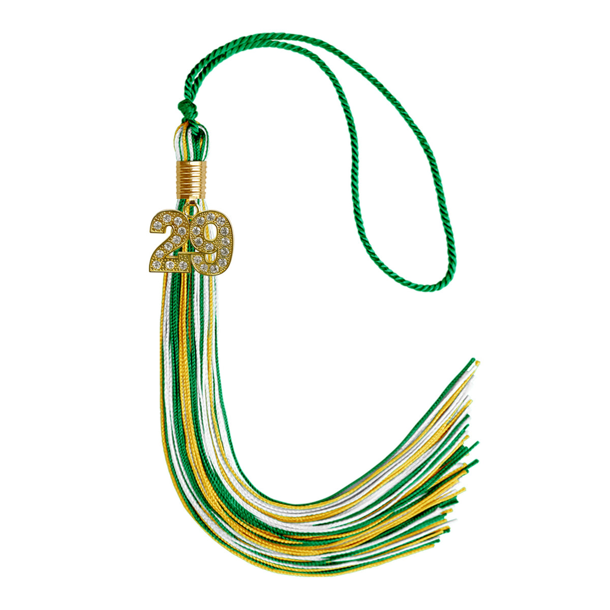 Green/Gold/White Mixed Color Graduation Tassel with Gold Bling Charm by Wholesale Grad Supply