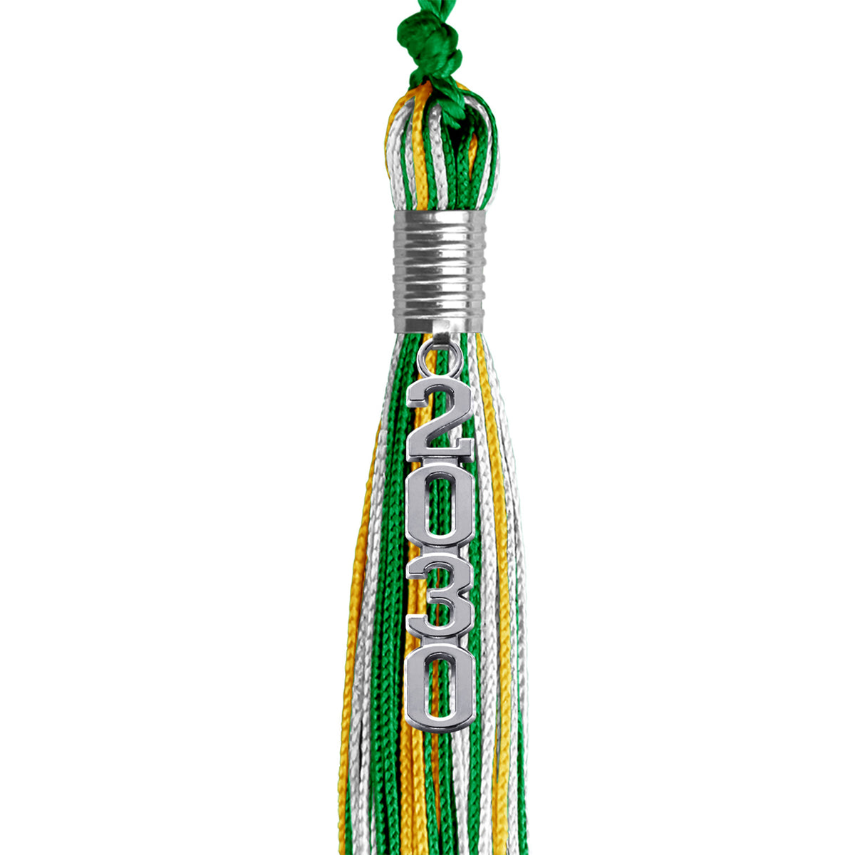 Green/Gold/White Mixed Color Graduation Tassel with Silver Stacked Date Drop by Wholesale Grad Supply