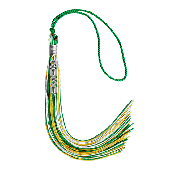 Green/Gold/White Mixed Color Graduation Tassel with Silver Stacked Date Drop by Wholesale Grad Supply