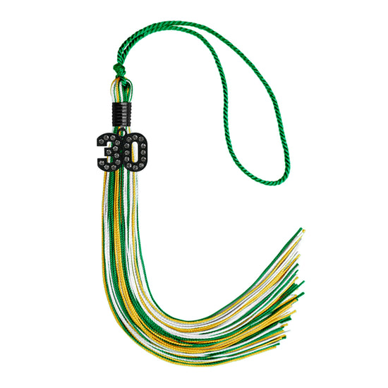 Green/Gold/White Mixed Color Graduation Tassel with Black Bling Charm by Wholesale Grad Supply