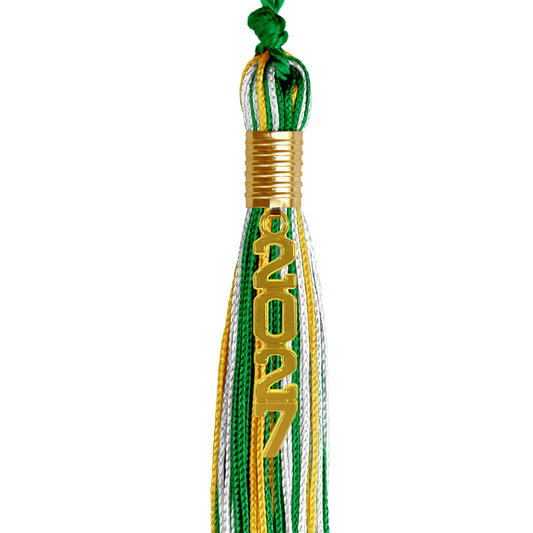 Green/Gold/White Mixed Color Graduation Tassel with Gold Stacked Date Drop by Wholesale Grad Supply