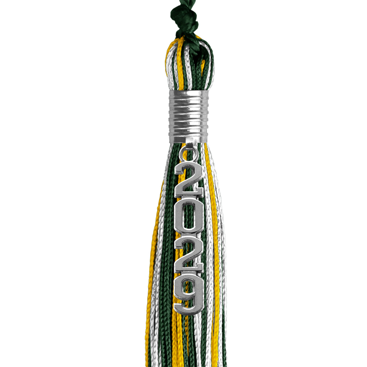 Hunter Green/Gold/White Mixed Color Graduation Tassel with Silver Stacked Date Drop by Wholesale Grad Supply