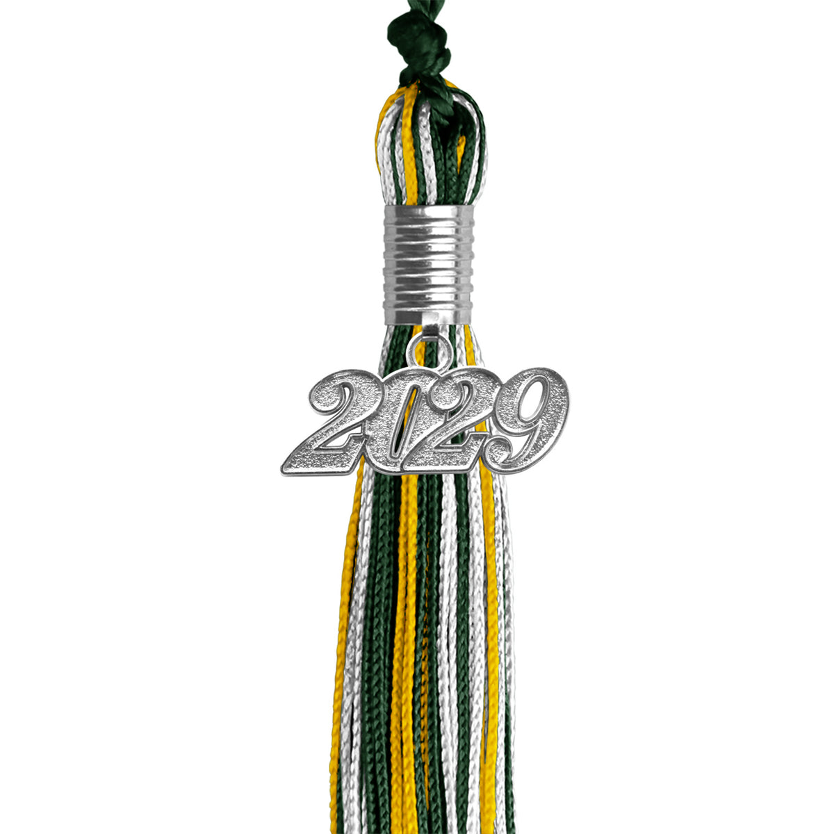 Hunter Green/Gold/White Mixed Color Graduation Tassel with Silver Date Drop by Wholesale Grad Supply