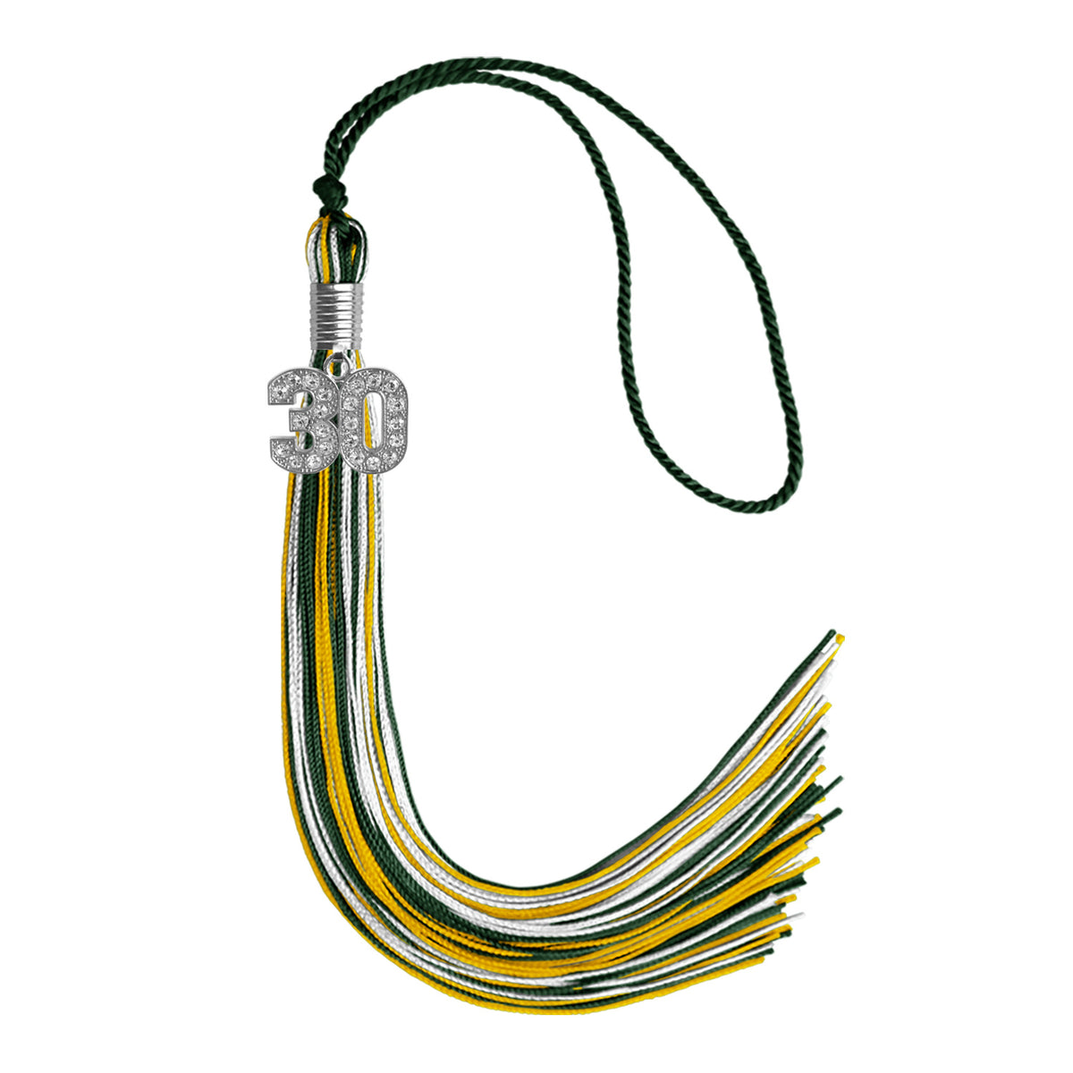 Hunter Green/Gold/White Mixed Color Graduation Tassel with Silver Bling Charm by Wholesale Grad Supply