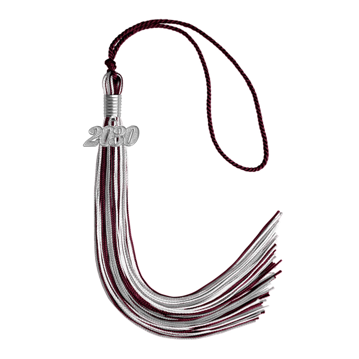 Maroon/Silver/White Mixed Color Graduation Tassel with Silver Date Drop by Wholesale Grad Supply