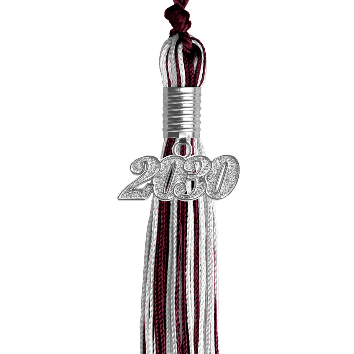 Maroon/Silver/White Mixed Color Graduation Tassel with Silver Date Drop by Wholesale Grad Supply