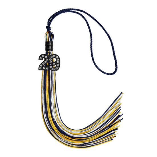 Navy Blue/Gold/White Mixed Color Graduation Tassel with Black Bling Charm by Wholesale Grad Supply