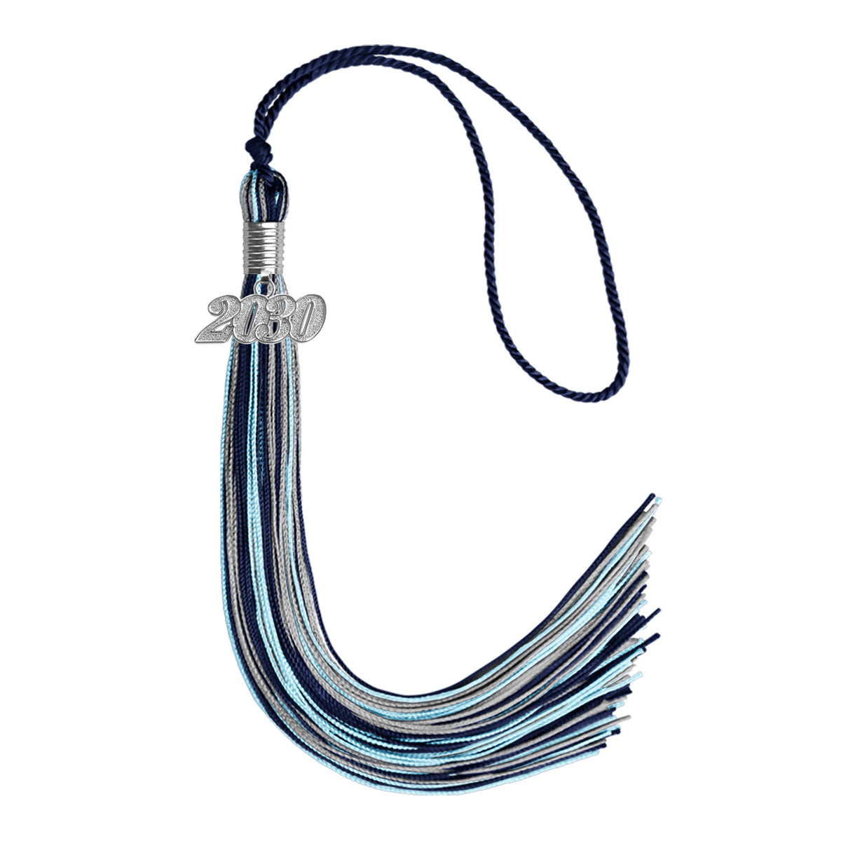 Navy Blue/Light Blue/Silver Mixed Color Graduation Tassel with Silver Date Drop by Wholesale Grad Supply