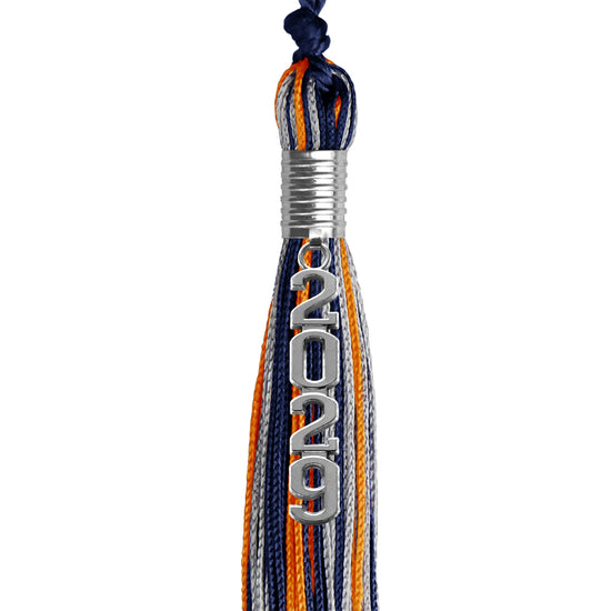 Navy Blue/Orange/Silver Mixed Color Graduation Tassel with Silver Stacked Date Drop by Wholesale Grad Supply