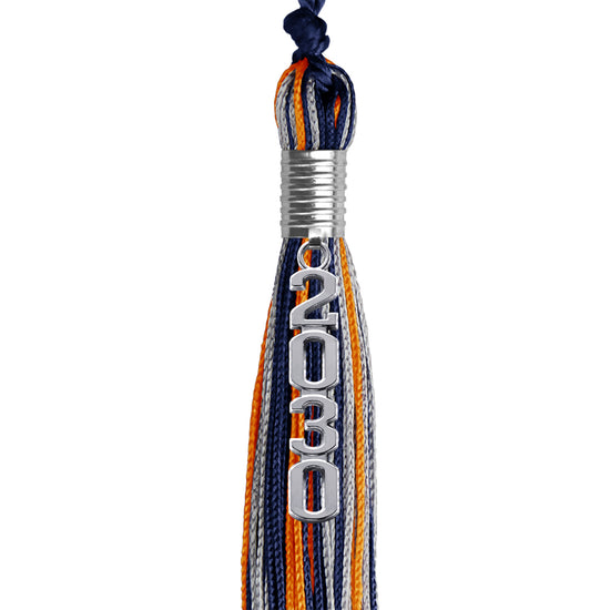 Navy Blue/Orange/Silver Mixed Color Graduation Tassel with Silver Stacked Date Drop by Wholesale Grad Supply